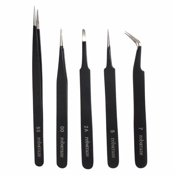 Robocraze Black Epoxy Coated Tweezer Set of 5 – Pro-grade tweezers for delicate work - Hand Tool - Robocraze