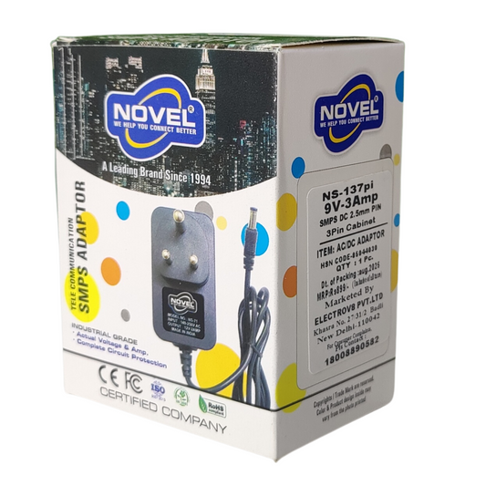 NOVEL 9V 3A SMPS Adapter Industrial Grade 160-240V & 50-60Hz (Black) -Batteries & Power Supply -AC-DC Converters -Robocraze
