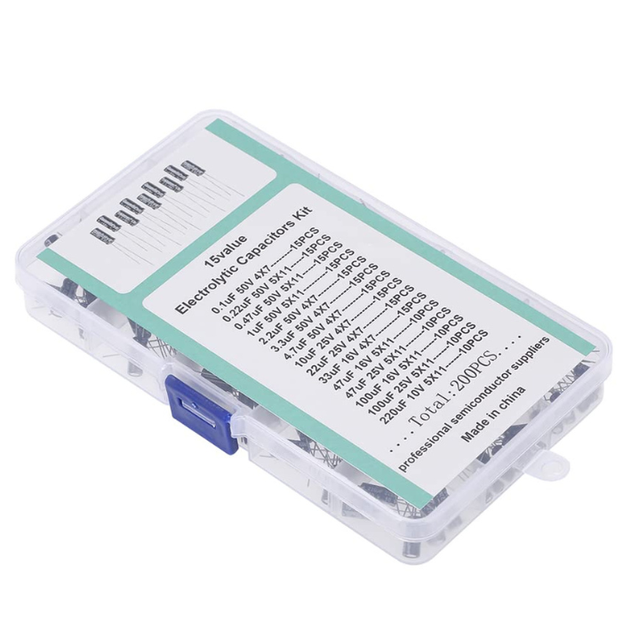 15 Value Electrolytic Capacitor Kit (200PC) – Comprehensive set for circuits & DIY. -Basic Components -Robocraze