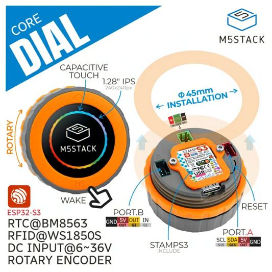 M5Stack Dial ESP32-S3 – 1.28" touchscreen rotary knob for smart control. -Development Board -Robocraze
