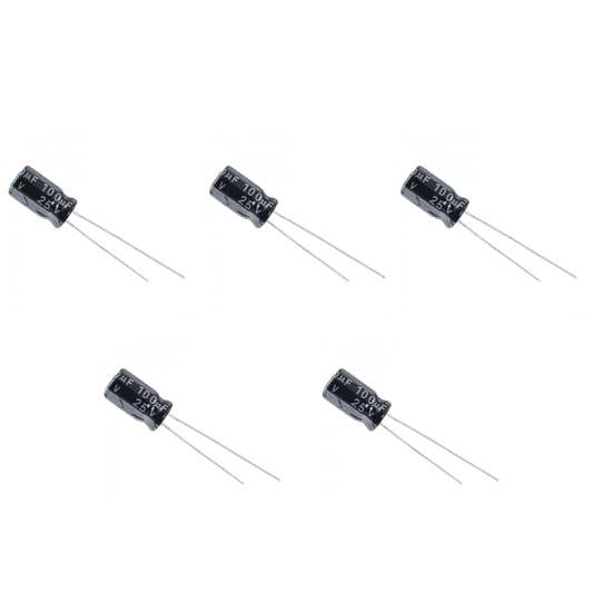 100uF / 25V Electrolytic Capacitor (5PC) – Stable voltage supply capacitors. -Basic Components -Robocraze