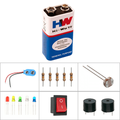 Hi-Watt 9V Battery + Buzzer, LDR & LED – Electronics starter kit. -Robocraze