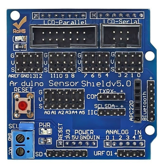 Arduino UNO Sensor Shield V5 – Upgraded Arduino shields with better sensor connectivity. -Robocraze