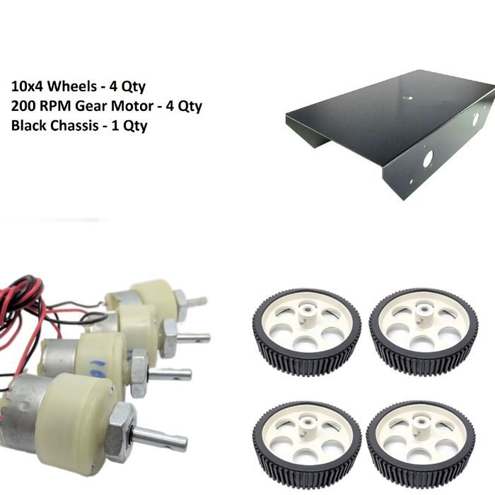 200 RPM DC Gear Motor + 10X2cm Wheel + 6-7 Inch Black Chassis, perfect for STEM kits – Electric Motors - Robocraze