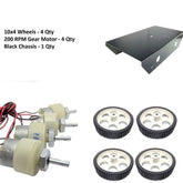 200 RPM DC Gear Motor + 10X2cm Wheel + 6-7 Inch Black Chassis, perfect for STEM kits – Electric Motors - Robocraze