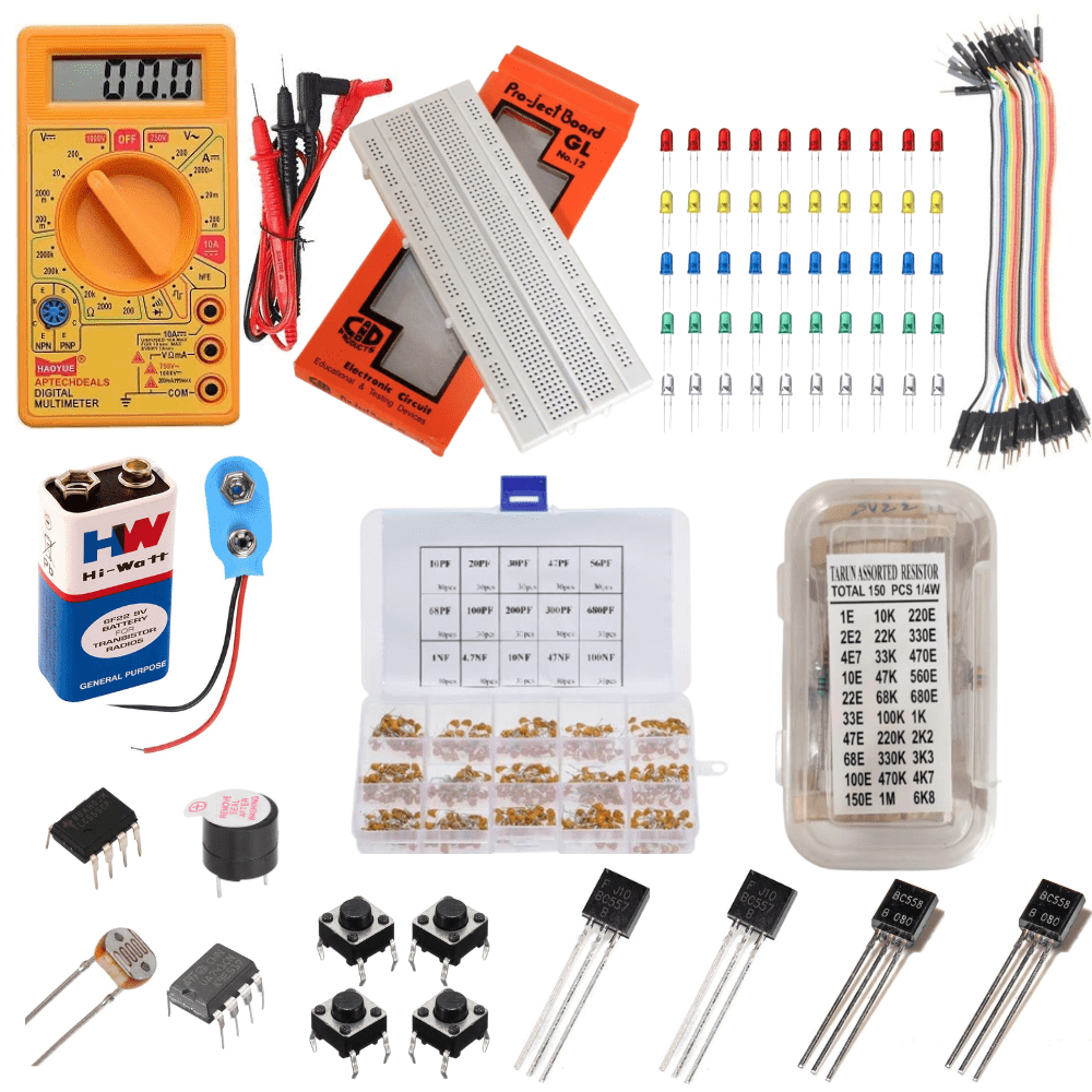 The Electronic Box – DIY STEM kit to let kids play with basic electronics  components. It's filled with switches, toggles, potentiometers, ands LEDs.  It also features a tone generator, a timer, a