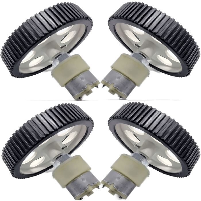 4 Pieces 10X2cm Robot Wheels + 4 Pieces 200 RPM DC Gear Motor, for robot chassis – Electric Motors - Robocraze