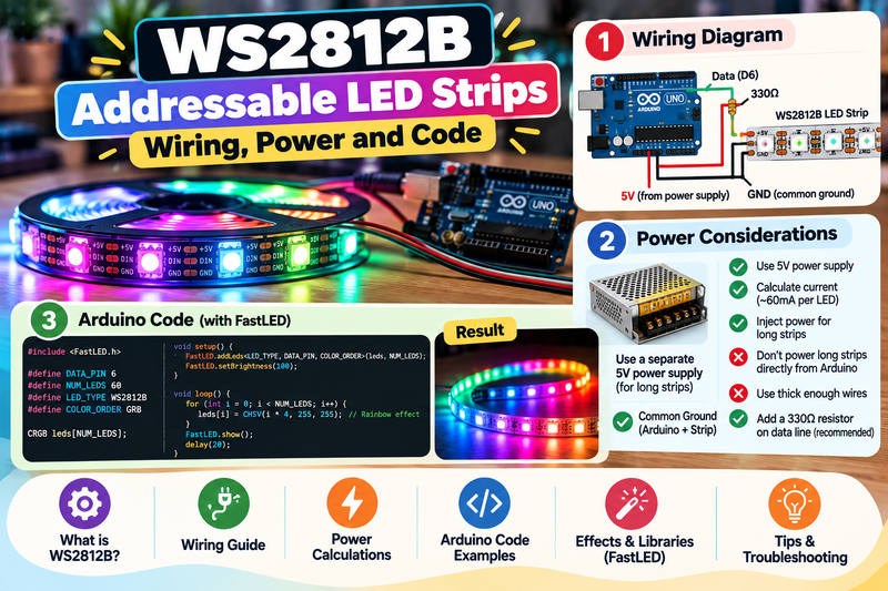 WS2812B Addressable LED Strips: Wiring, Power and Code