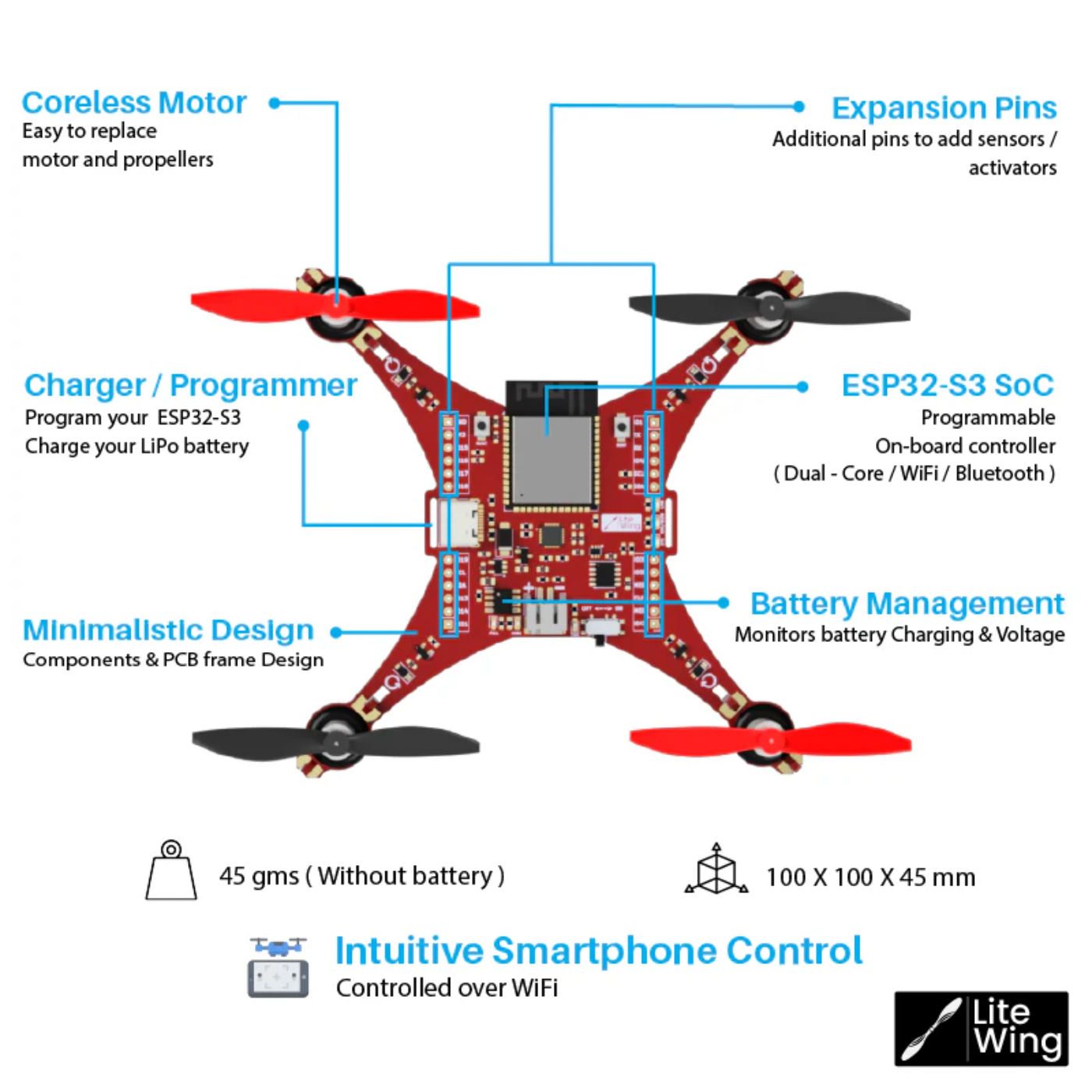 LiteWing ESP32-S3 Programmable Drone Development Board with Battery -Robocraze