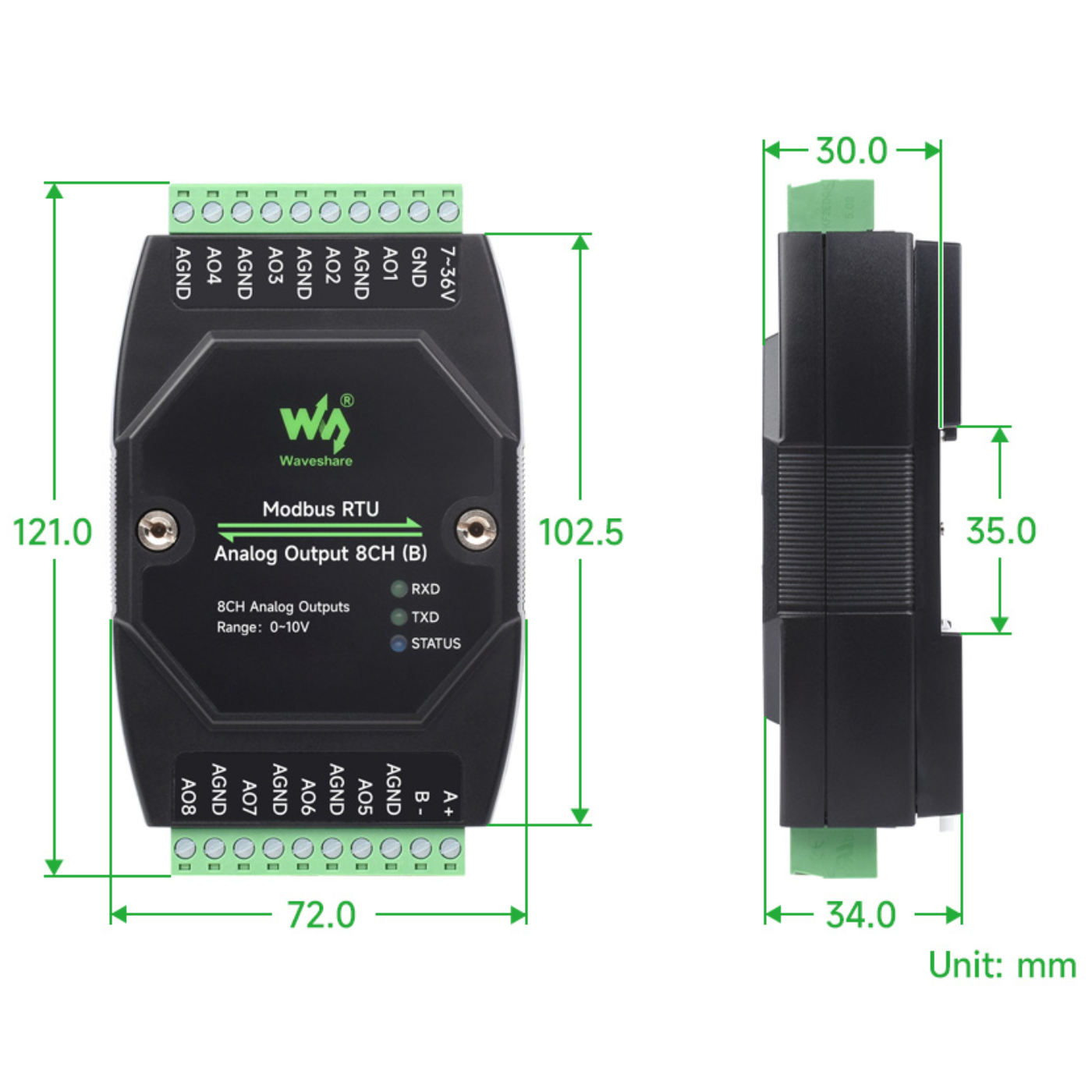 Waveshare Industrial Modbus RTU 8-Ch (B) Analog Output Module 12-bit DA Conversion