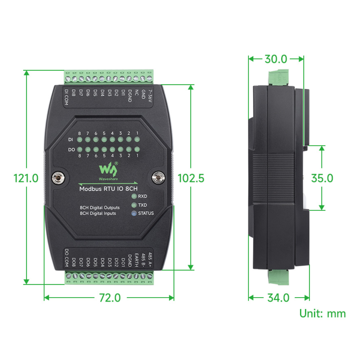 Waveshare 8CH Industrial Digital Input/Output Module, Modbus RTU, DC 7–36V