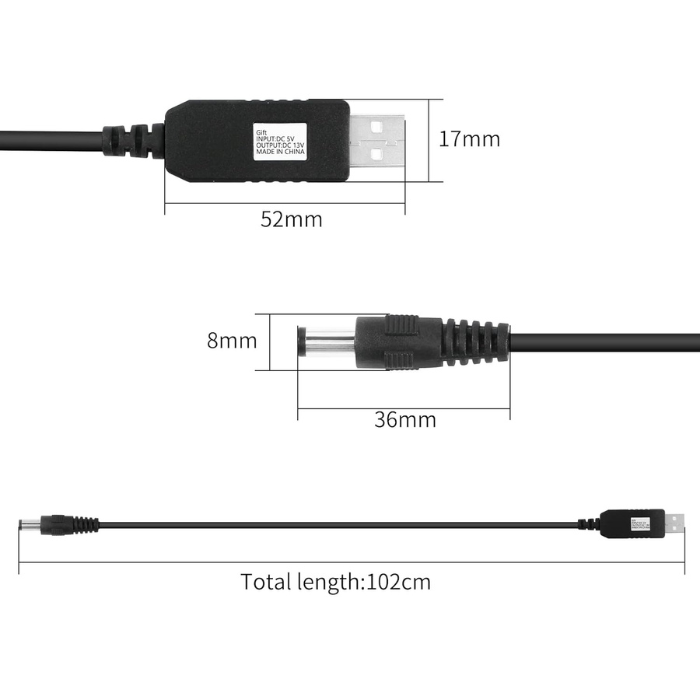 1m 5V 2A to 12V 1A USB Booster Cable – Durable Arduino USB Cable for voltage conversion without LED. -Robocraze
