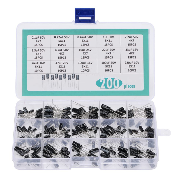 15 Value Electrolytic Capacitor Kit (200PC) – Comprehensive set for circuits & DIY. -Basic Components -Robocraze