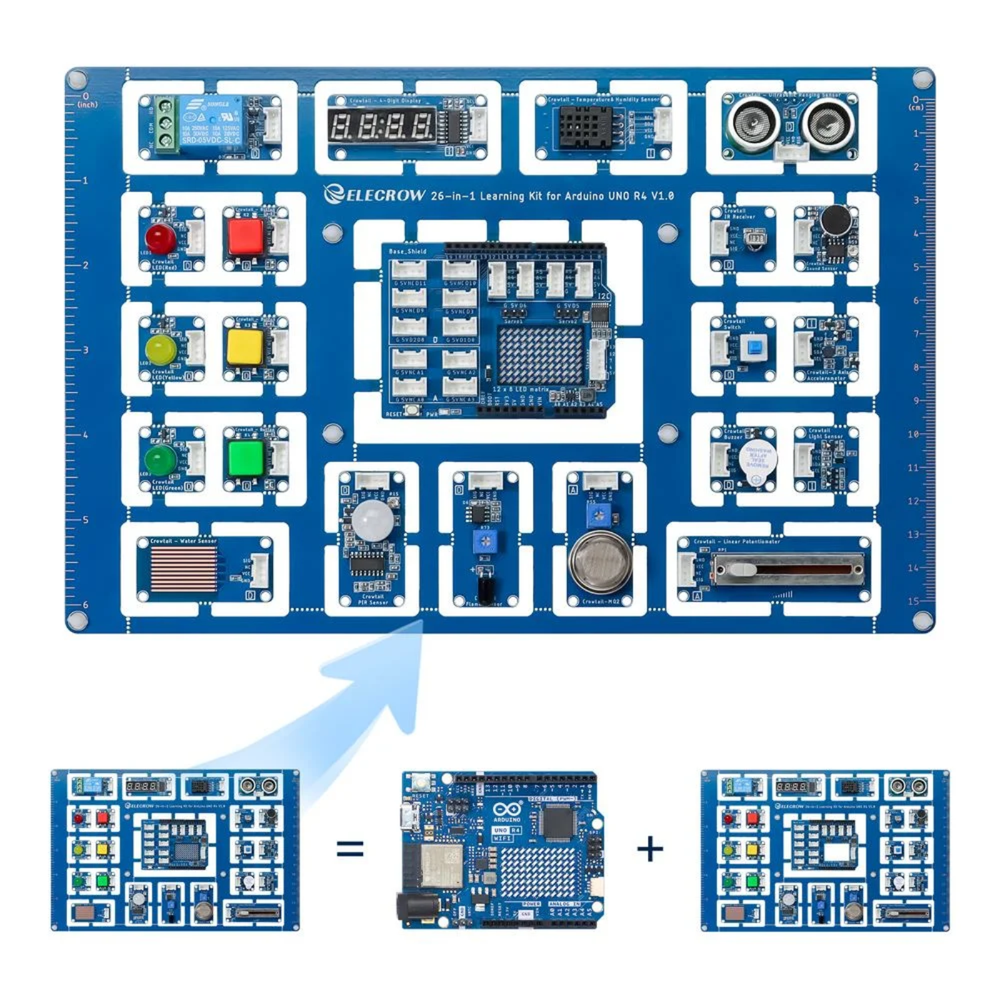 Elecrow 26-in-1 Learning Kit for Arduino UNO R4 WiFi with 26 Lessons and 26 Modules - Robocraze