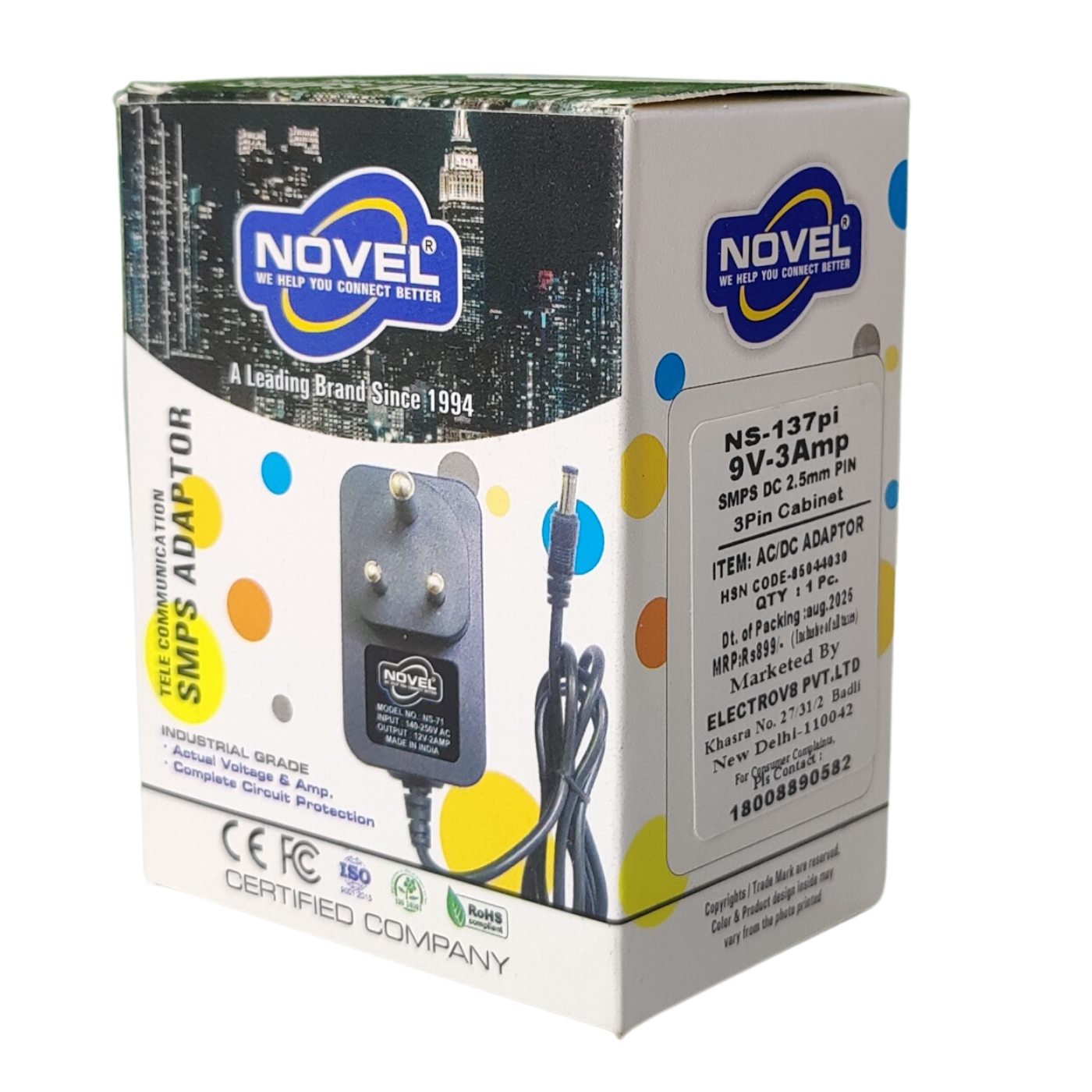 NOVEL 9V 3A SMPS Adapter Industrial Grade 160-240V & 50-60Hz (Black) -Batteries & Power Supply -AC-DC Converters -Robocraze