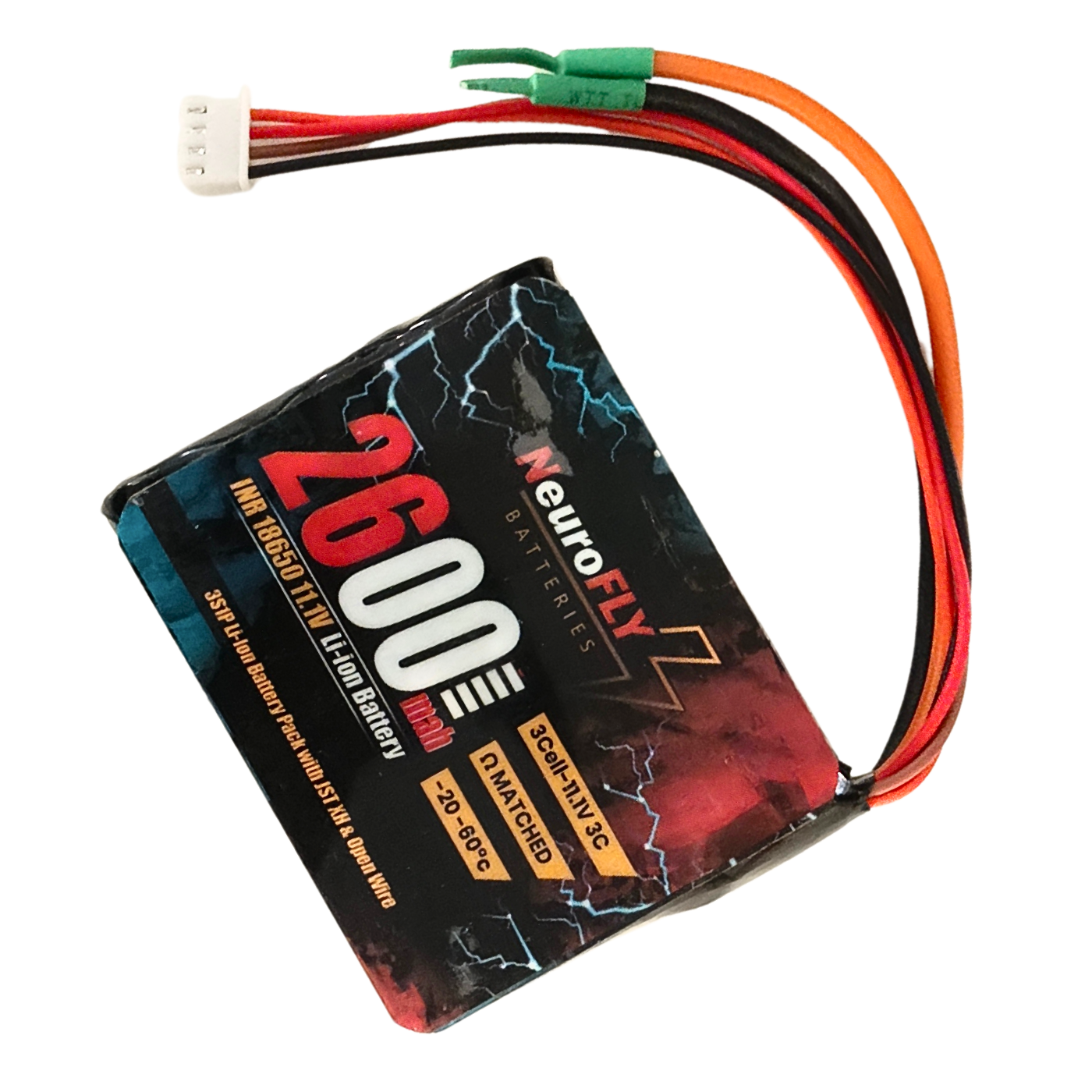 NeuroFLY 11.1V 2600mAh 3S1P 18650 Li-Ion Battery Pack 3C with 2-Wire JST Connector -Batteries & Power Supply -Li-Ion Batteries -Robocraze