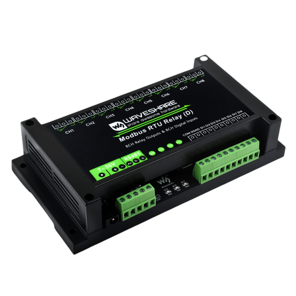 Waveshare 8-Channel Industrial Modbus RTU Relay Module (D) – RS485 Interface, Digital Input & 7–36V Power Supply -Electronic Modules -Relays -Robocraze