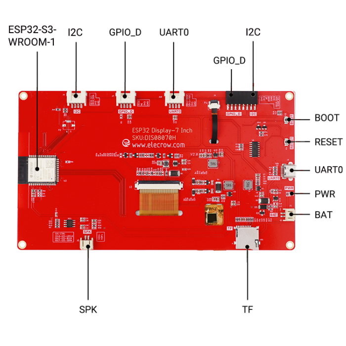 ELECROW ESP32 7 Inch HMI Display – 800x480 TFT LCD, supports PlatformIO & LVGL -HMI Display Module -Robocraze