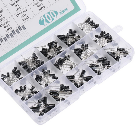 15 Value Electrolytic Capacitor Kit (200PC) – Comprehensive set for circuits & DIY. -Basic Components -Robocraze