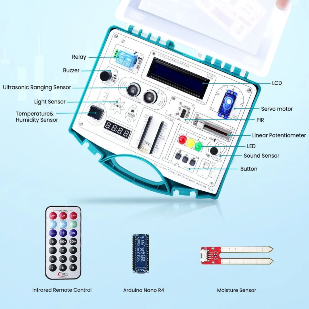 Elecrow All-in-One Starter Kit for Arduino Nano R4 with 20 Lessons and 16 Modules - Robocraze