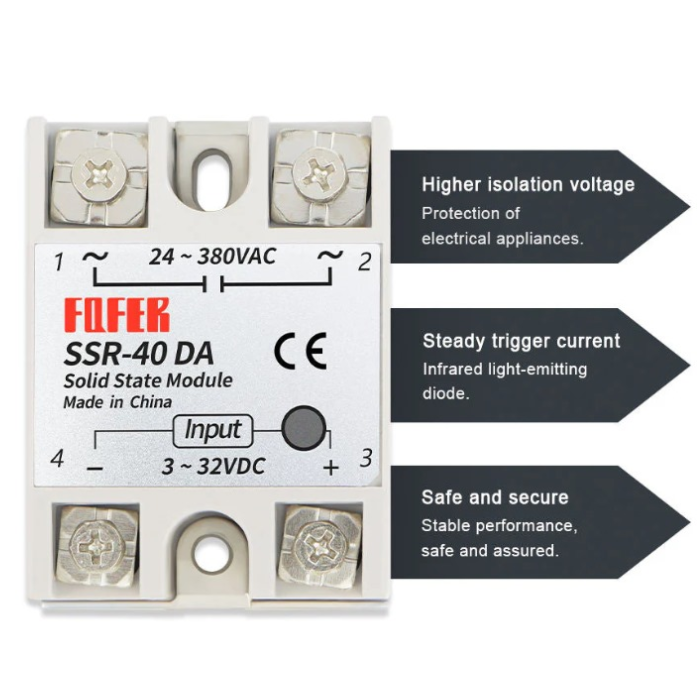 Fofek SSR-40DA 3-32VDC to 24-380VAC Solid State Relay – 40A AC power control relay. -Robocraze