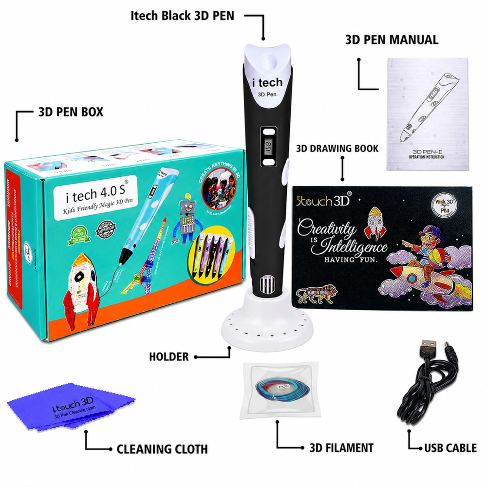 I Tech Kids Friendly Magic 3D Pen Black -3D Printers/Pens -3D Pens -Robocraze