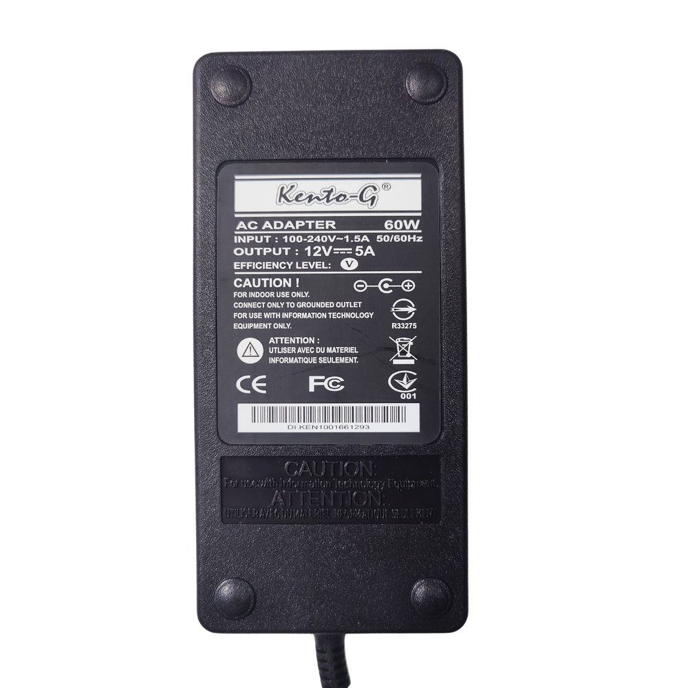 Kento-G 12V Power Adapter 5A 60W with 5.5mm DC Plug Standard AC to DC Power Supply -Batteries & Power Supply -AC-DC Converters -Robocraze