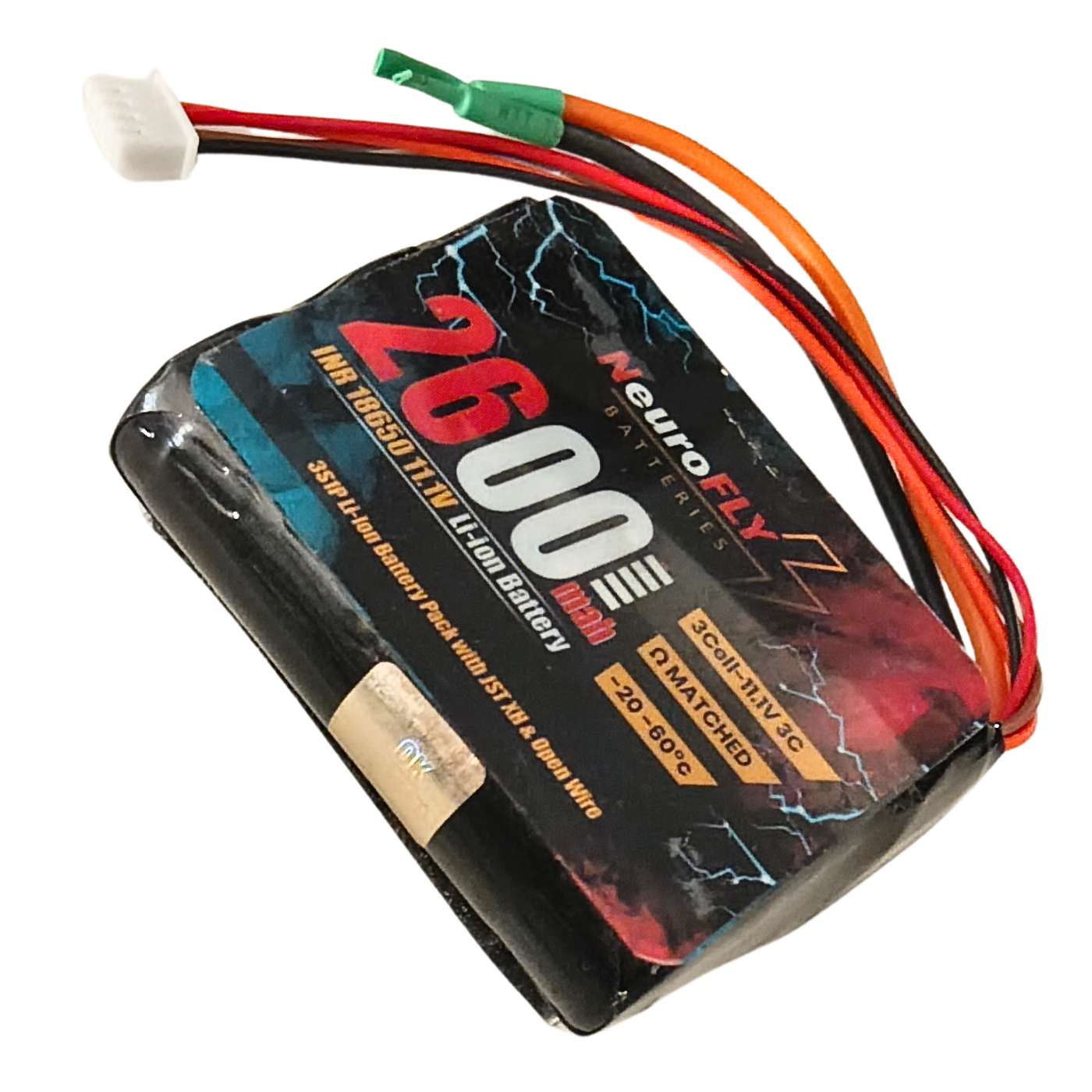 NeuroFLY 11.1V 2600mAh 3S1P 18650 Li-Ion Battery Pack 3C with 2-Wire JST Connector -Batteries & Power Supply -Li-Ion Batteries -Robocraze