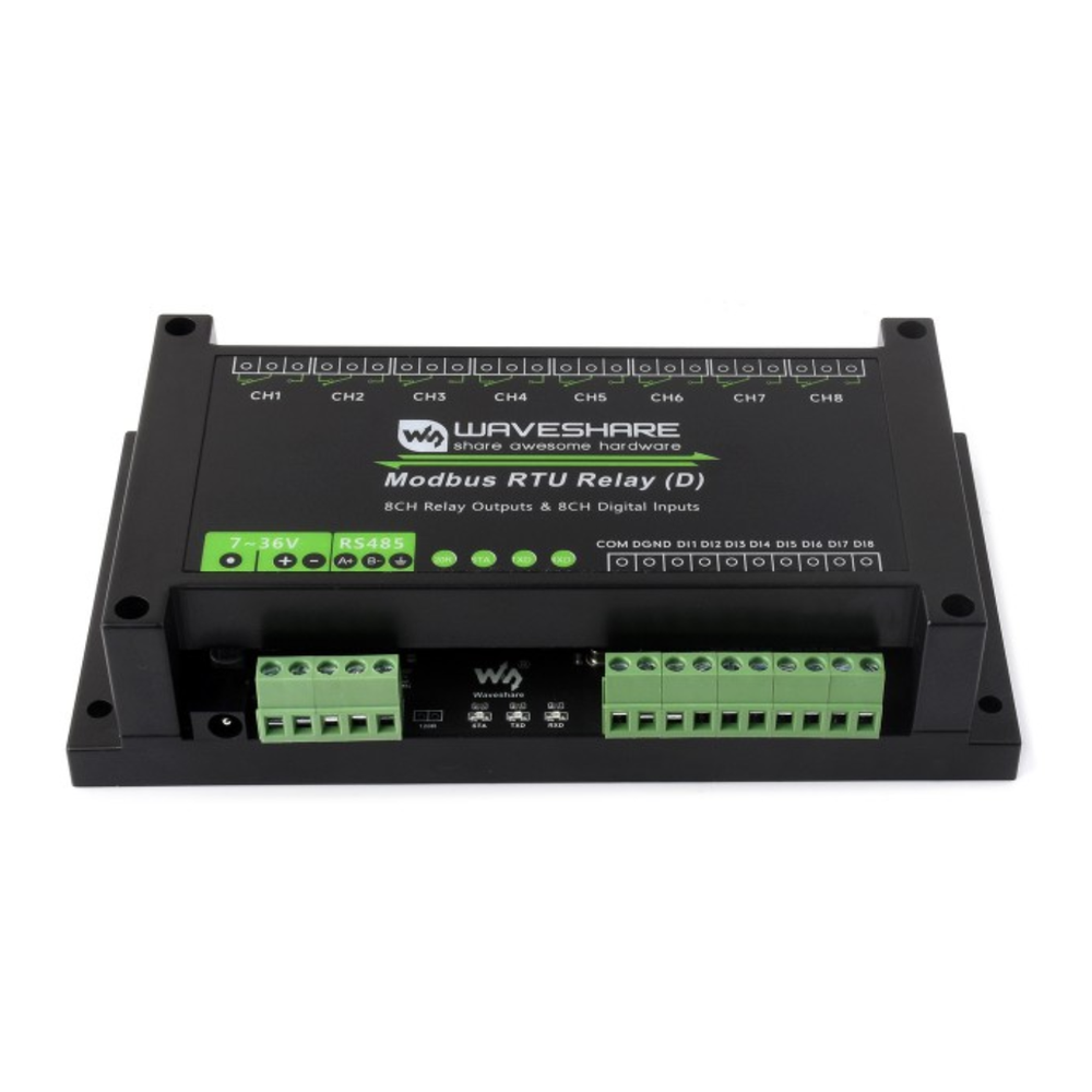 Waveshare 8-Channel Industrial Modbus RTU Relay Module (D) – RS485 Interface, Digital Input & 7–36V Power Supply -Electronic Modules -Relays -Robocraze