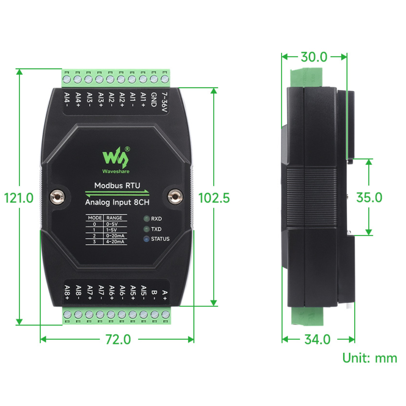 Waveshare Industrial 8-Ch Analog Acquisition Module with 12-Bit High-Precision Voltage & Current