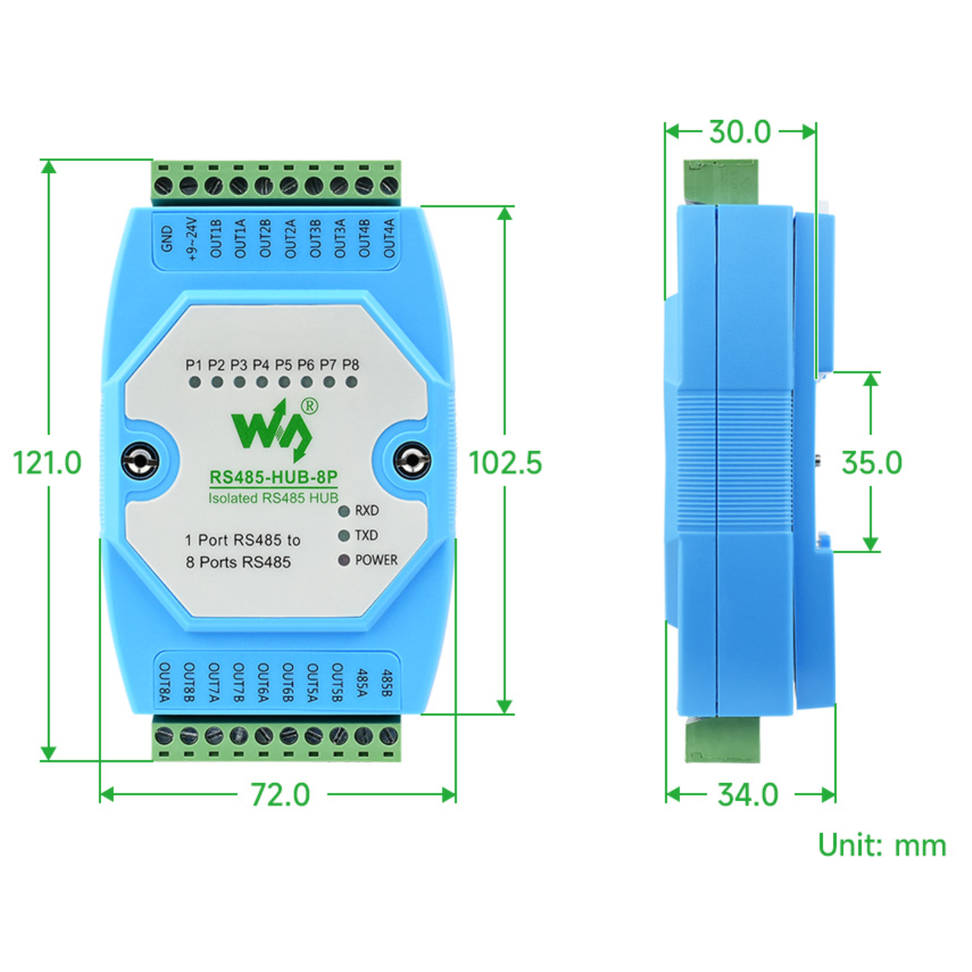 Waveshare Industrial 8-Channel Isolated RS485 Hub with Rail-Mount Support
