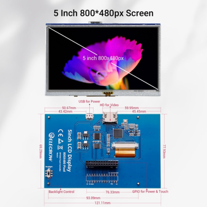 Elecrow RR050 5" TFT Display 800x480 – Resistive touch, ideal for Raspberry Pi & Arduino. -TFT Display -Robocraze