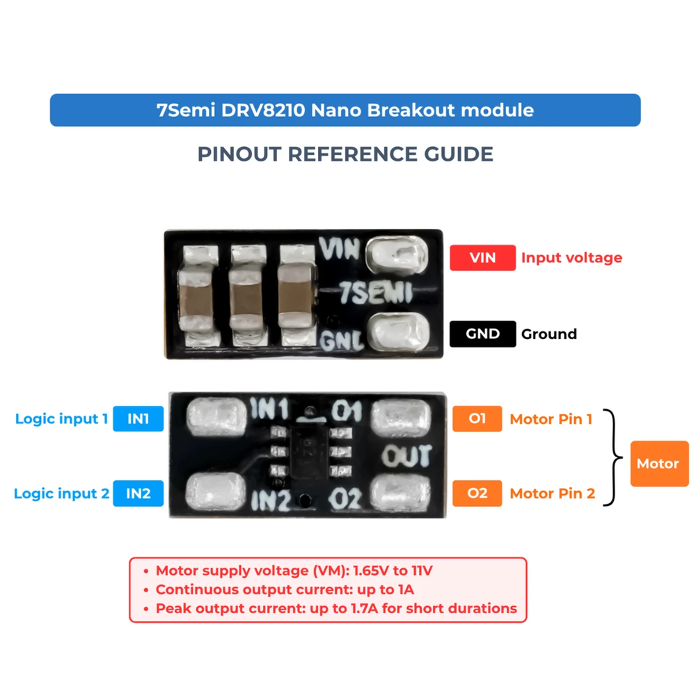 7Semi DRV8210 1.65V–11V Single-Channel 1A Motor Driver Breakout Module -Electronic Modules -Breakout Boards -Robocraze