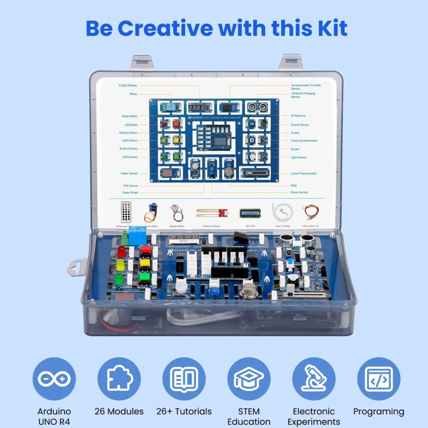 Elecrow 26-in-1 Learning Kit for Arduino UNO R4 WiFi with 26 Lessons and 26 Modules - Robocraze