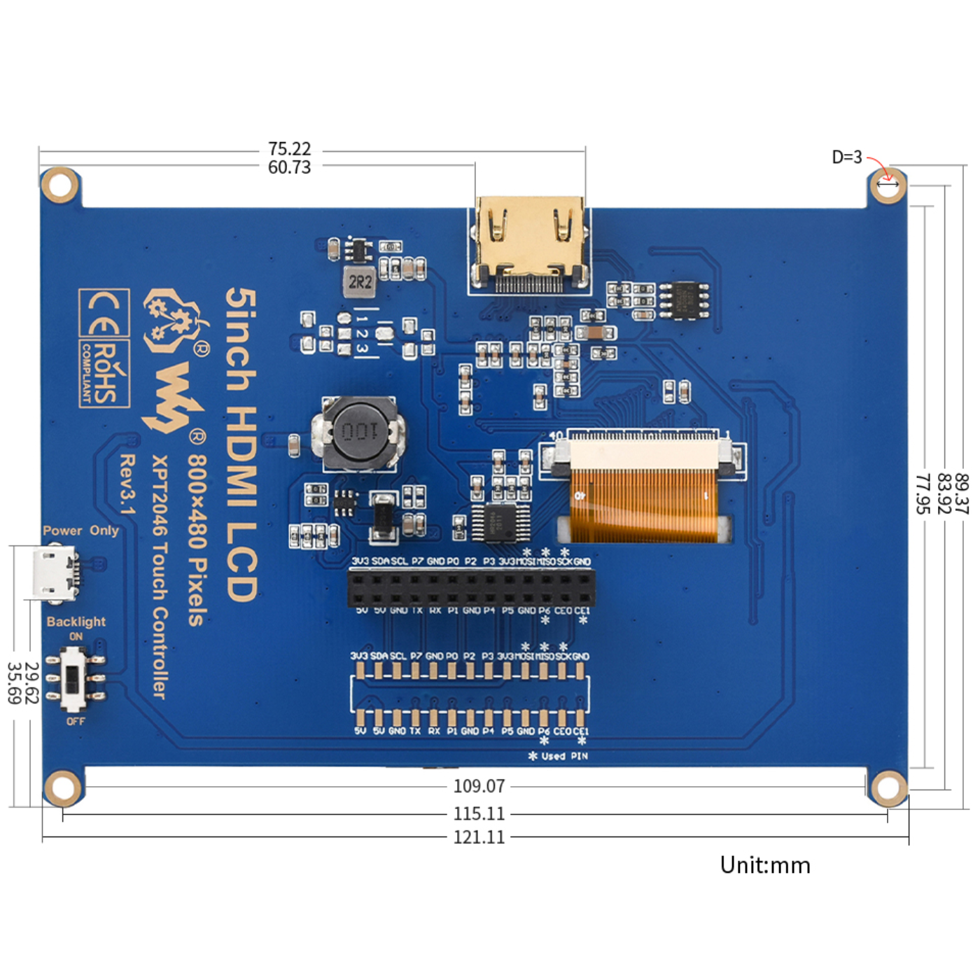 Waveshare 5inch 800×480 LCD HDMI Resistive Touch Screen -Displays -LCD Displays -Robocraze