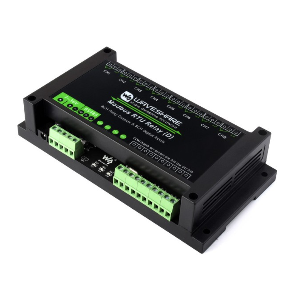 Waveshare 8-Channel Industrial Modbus RTU Relay Module (D) – RS485 Interface, Digital Input & 7–36V Power Supply -Electronic Modules -Relays -Robocraze