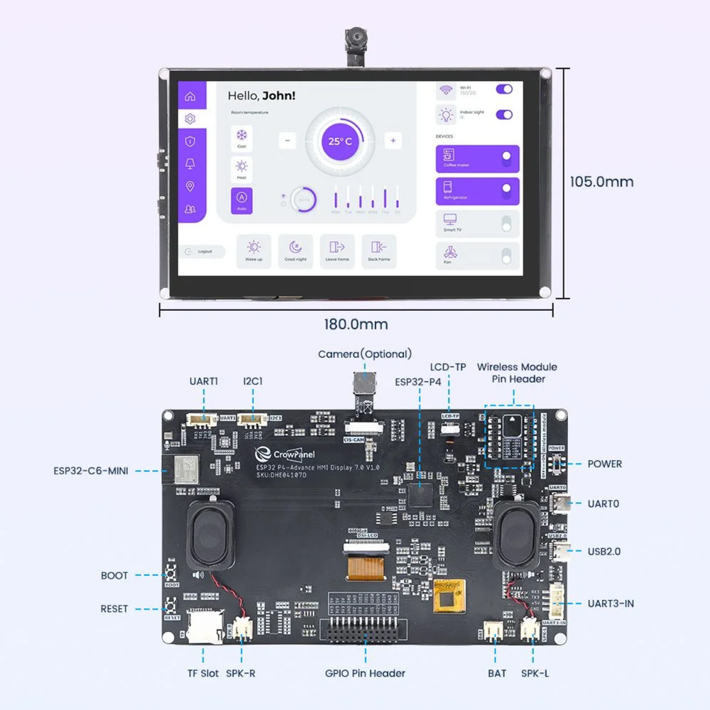 Elecrow CrowPanel Advanced 7-Inch ESP32-P4 AI Touch Display 1024×600 IPS HMI WiFi 6 Arduino/LVGL Compatible -Display Modules -HMI Displays -Robocraze