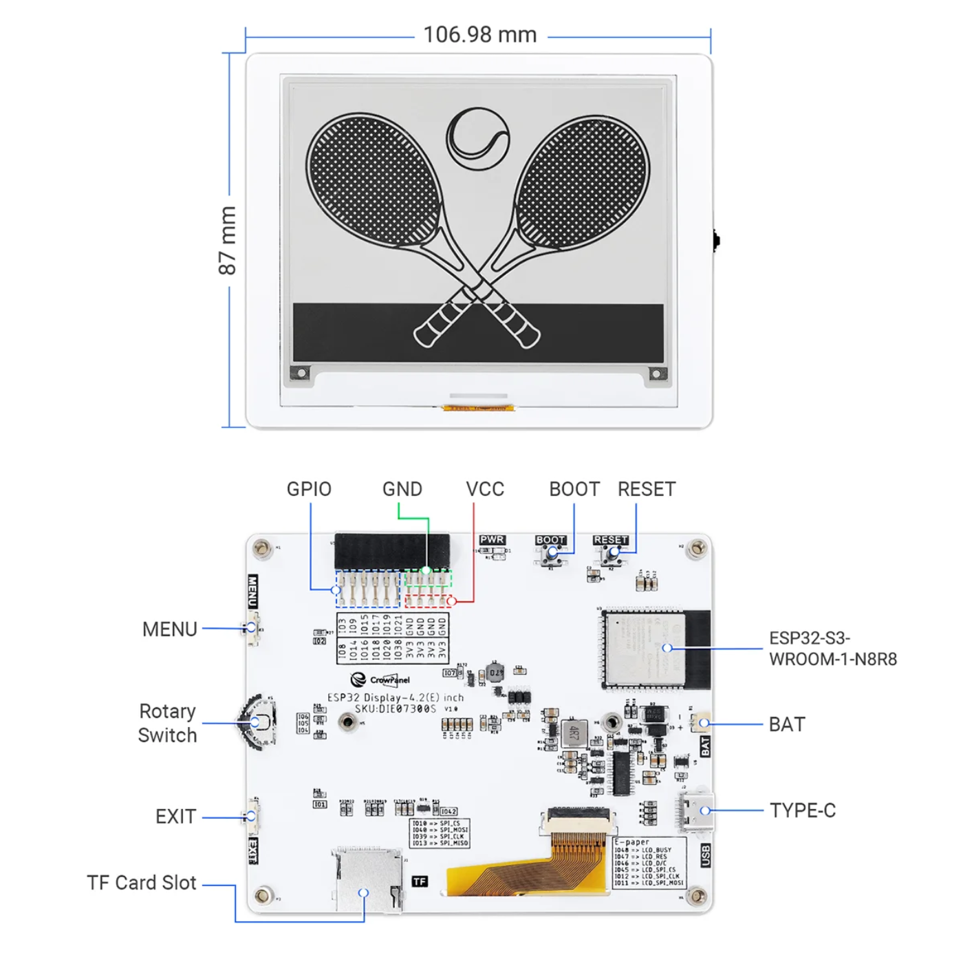 Elecrow CrowPanel ESP32 4.2-Inch SPI E-Paper HMI Display, 400 × 300 Resolution, Black & White -Display Modules -HMI Displays -Robocraze