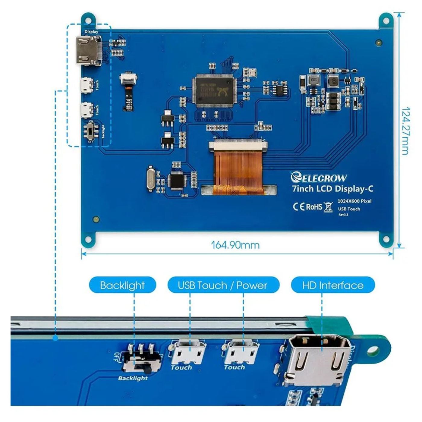 Elecrow 7-inch 1024*600 IPS LCD Touch Screen Display for Windows/Raspberry Pi -Display Modules -LCD Displays -Robocraze