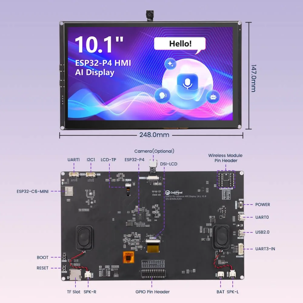 Elecrow CrowPanel 10.1-inch ESP32 HMI AI Display 1024×600 IPS Capacitive Touch Screen -Display Module -HMI Displays -Robocraze