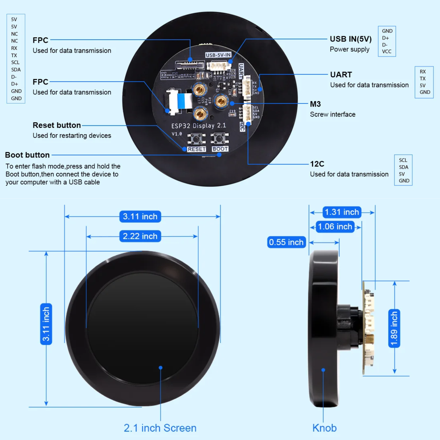 Elecrow CrowPanel Rotary Screen 2.1inch ESP32 HMI Display 480*480 Round Touch Knob -Display Modules -HMI Displays -Robocraze
