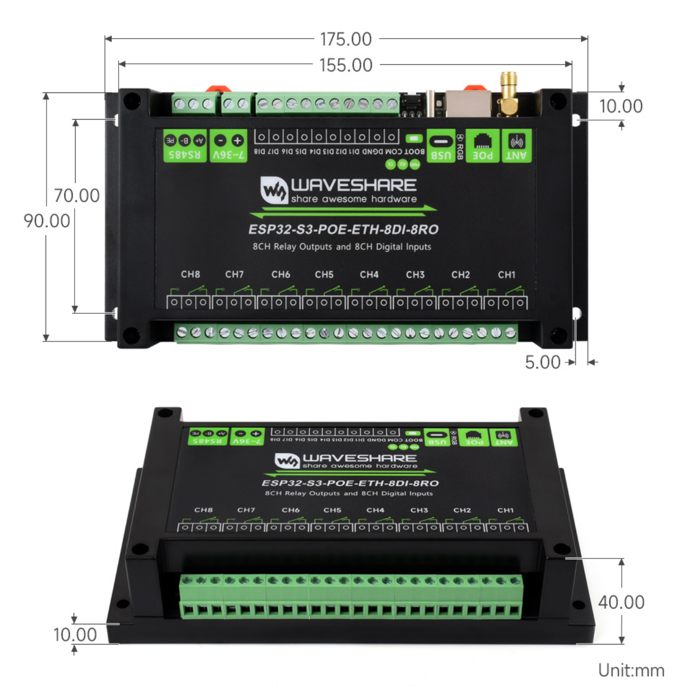 Waveshare 8-Channel ESP32-S3 WiFi Relay Module with RS485 & PoE Ethernet – Xtensa 32-bit LX7 Dual-Core Processor -Electronic Modules -Relays -Robocraze