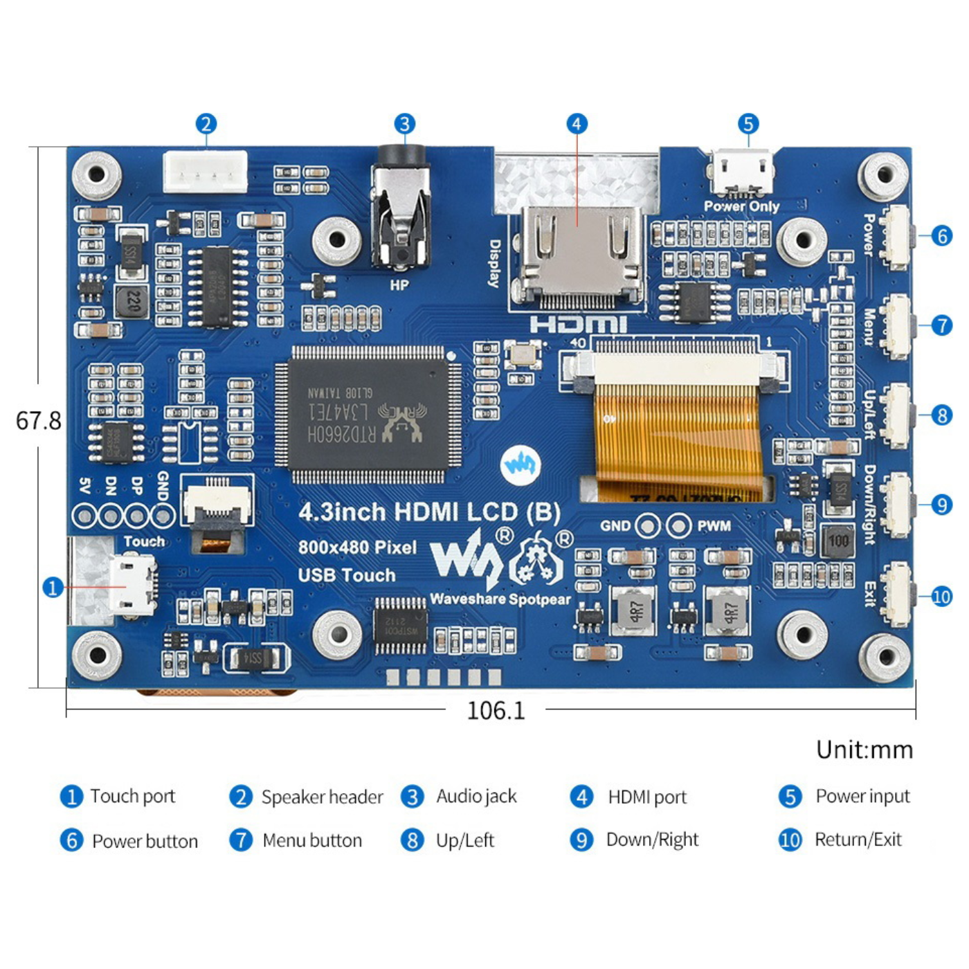 Waveshare 800×480 4.3-Inch HDMI IPS Capacitive Touch LCD Display (B) for Raspberry Pi -Displays -LCD Display -Robocraze