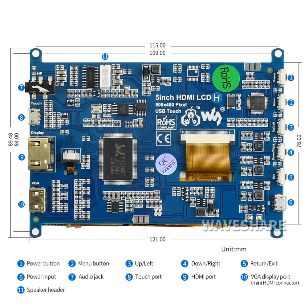 Waveshare 800×480 5inch HDMI LCD (H) Capacitive Touch Screen -Displays -LCD Display -Robocraze