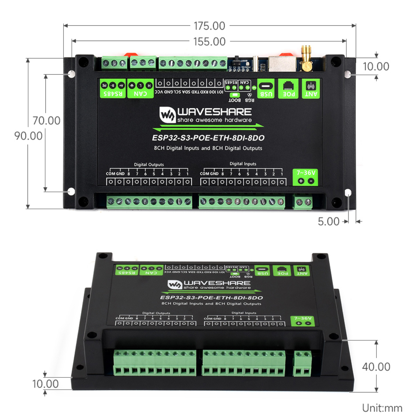 Waveshare Industrial ESP32 S3 POE ETH Control Board with 8-Channel Digital I/O, Dual-Core LX7 Processor & PoE Ethernet -Cables -Ethernet -Robocraze