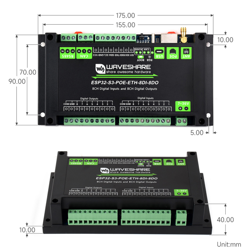 Waveshare Industrial ESP32 S3 POE ETH Control Board with 8-Channel Digital I/O, Dual-Core LX7 Processor & PoE Ethernet -Cables -Ethernet -Robocraze