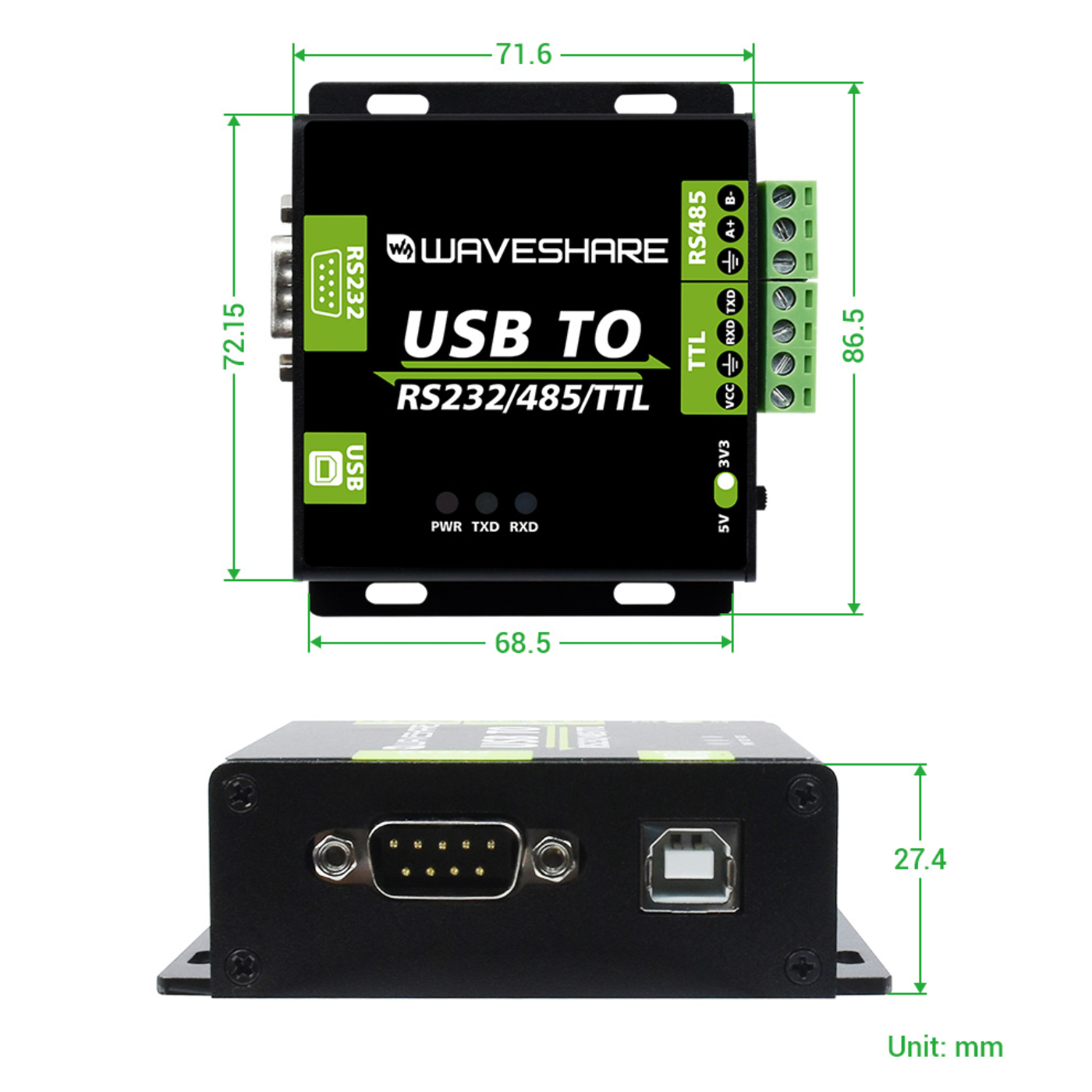 Waveshare Industrial USB to RS232/RS485/TTL Isolated Interface Converter -Industrial Electronic Modules -Robocraze
