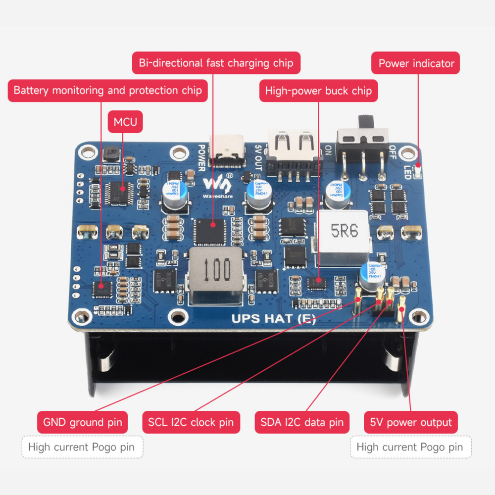 Waveshare UPS HAT (E) for Raspberry Pi with 5V 6A Output, 4× 21700 Battery Support & Pogo Pins -Raspberry Pi -Raspberry Pi Hats -Robocraze