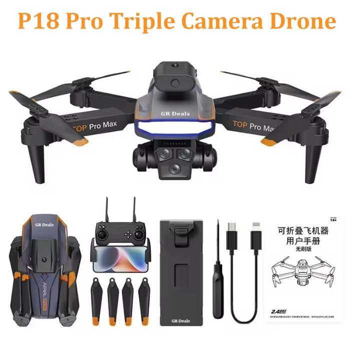 18 Inch Fpv P18 Pro Foldable FPV Drone with Triple HD 4K Camera and Brushless Moto ...