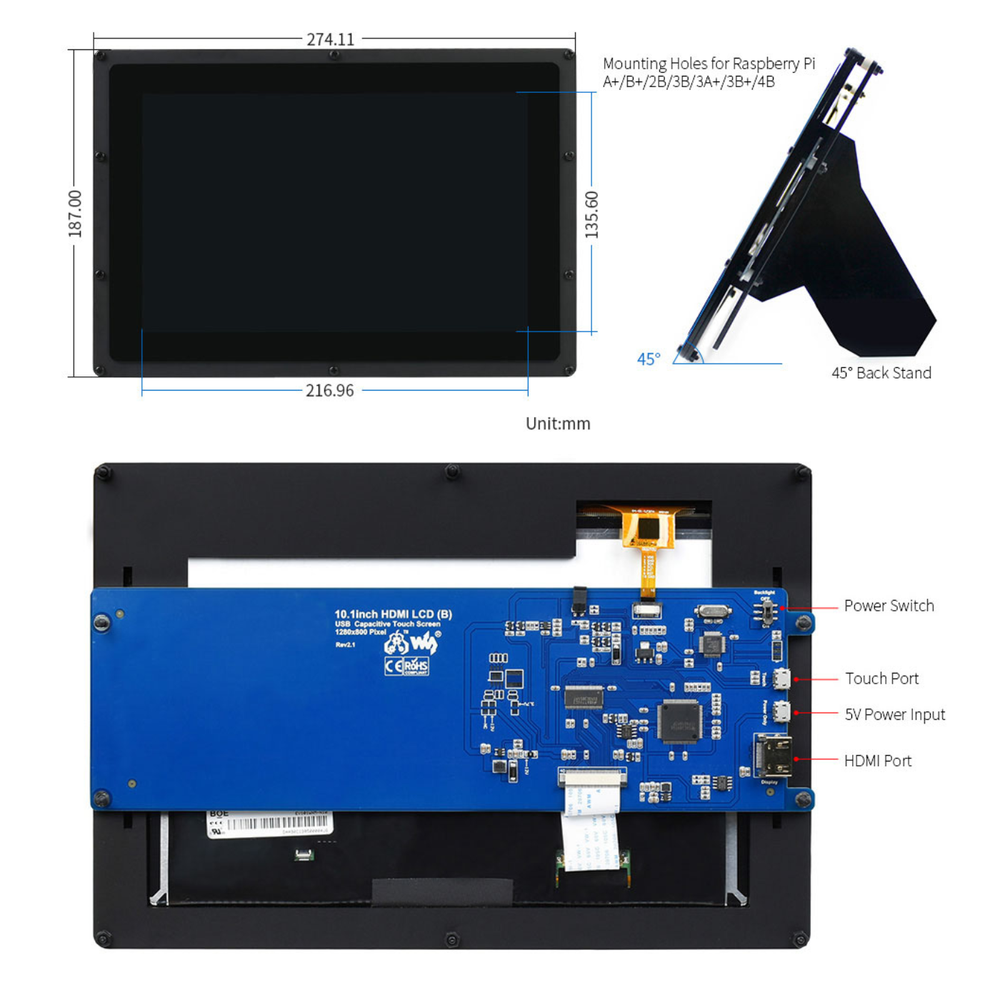 Waveshare 10.1-Inch 1280×800 HDMI IPS Capacitive Touchscreen LCD (B) Display with Case -Displays -LCD Displays -Robocraze